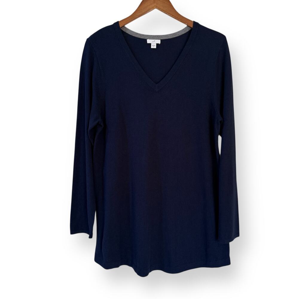 J Jill Navy Blue Tunic Sweater M Cotton Blend Lightweight Long Sleeve V-Neck